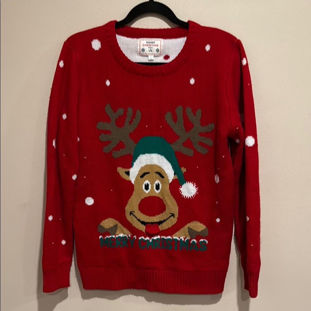 V28 Merry Christmas Festive Red Christmas Sweater with cute happy Reindeer